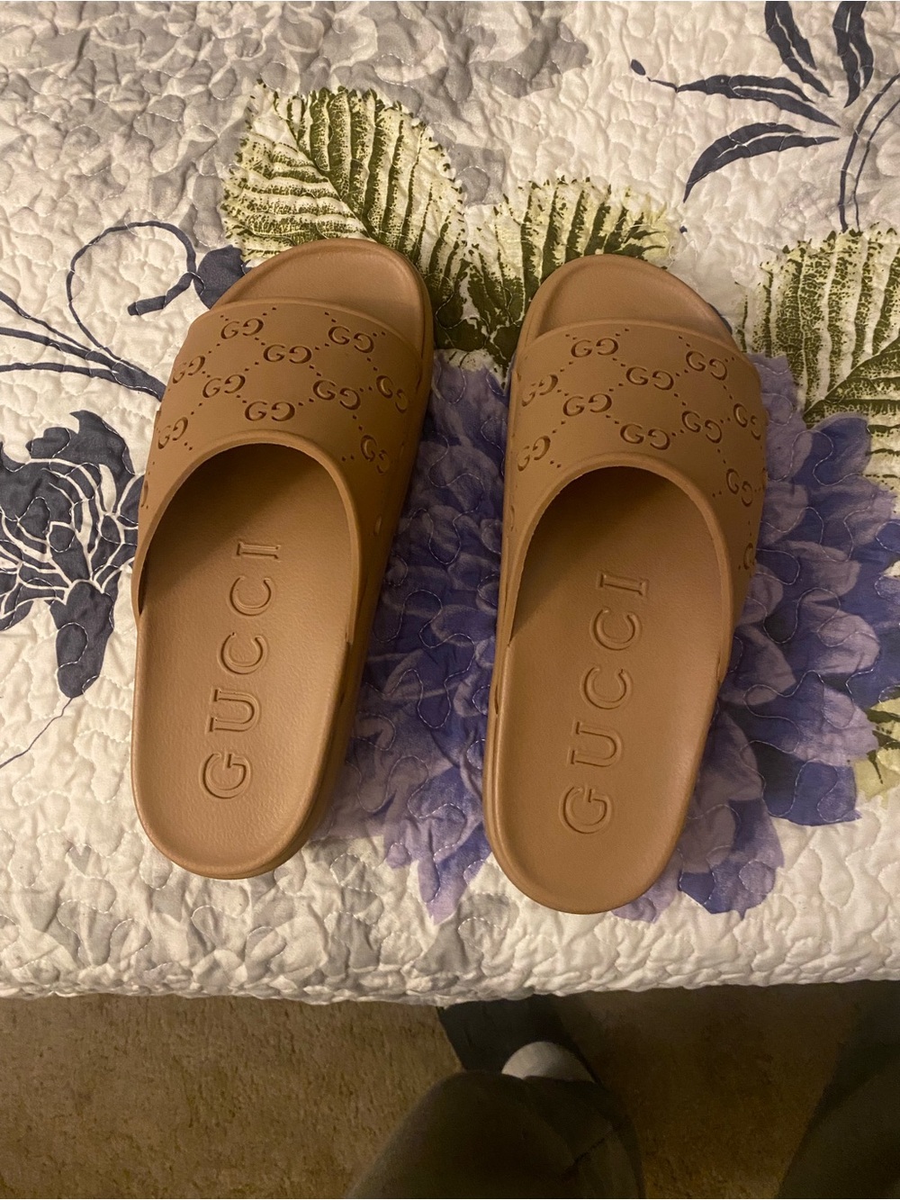 Gucci Tan GG Monogram Slide Sandals